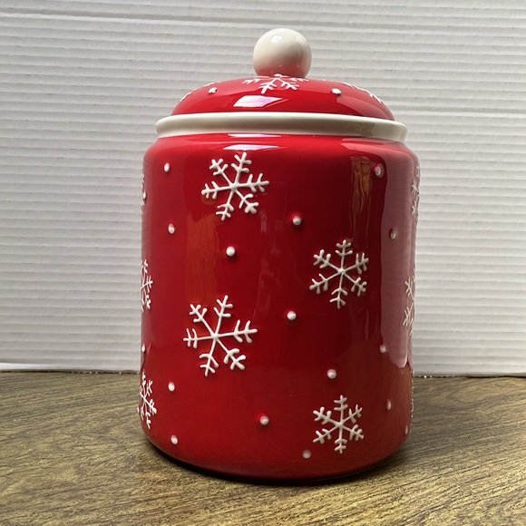 Hallmark Snowman Holiday Snowflake Red Ceramic Christmas Cookie Jar - Picture 5 of 13